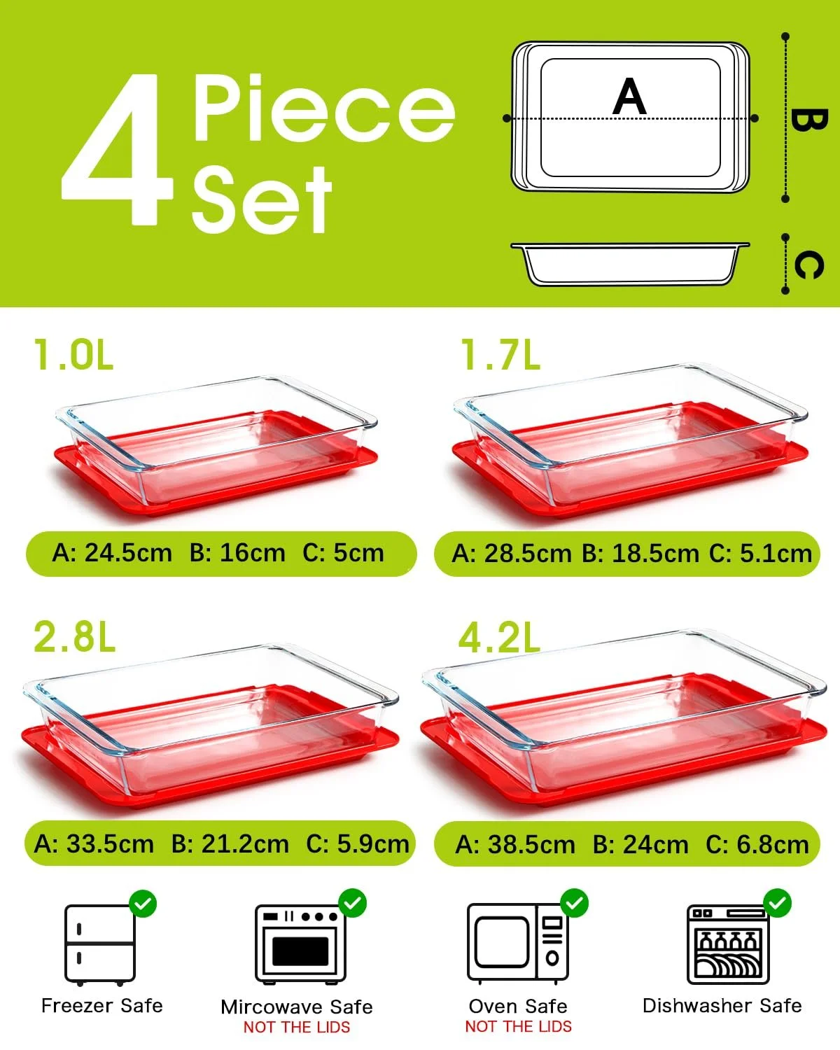 Набор форм для запекания Стеклянные прямоугольные 4 шт. с крышками 1 / 1,7 / 2,8 / 4,2 л, фото №2