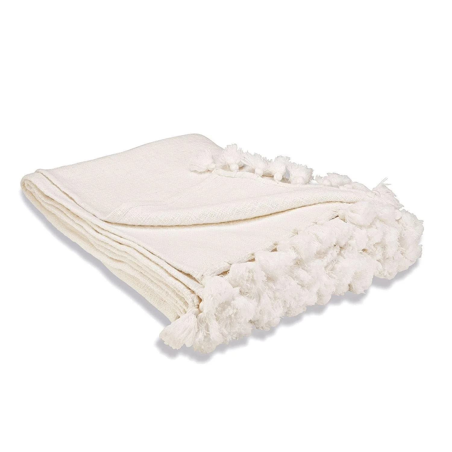 Плед Loberon Amlamé з декоративною бахромою, помпонами, бохо-шик, білий, фото №1