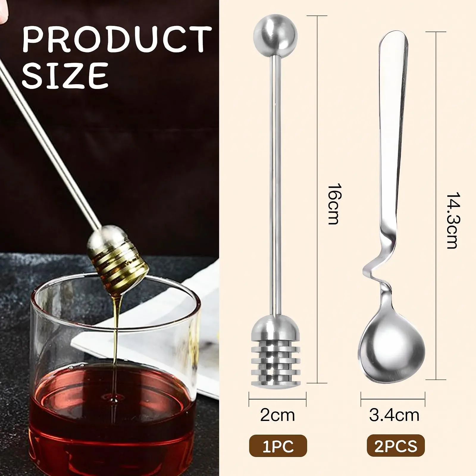 Ложка для меда Нержавеющая сталь 3 шт Палочка для размешивания джема, йогурта, меда, сиропа, фото №2