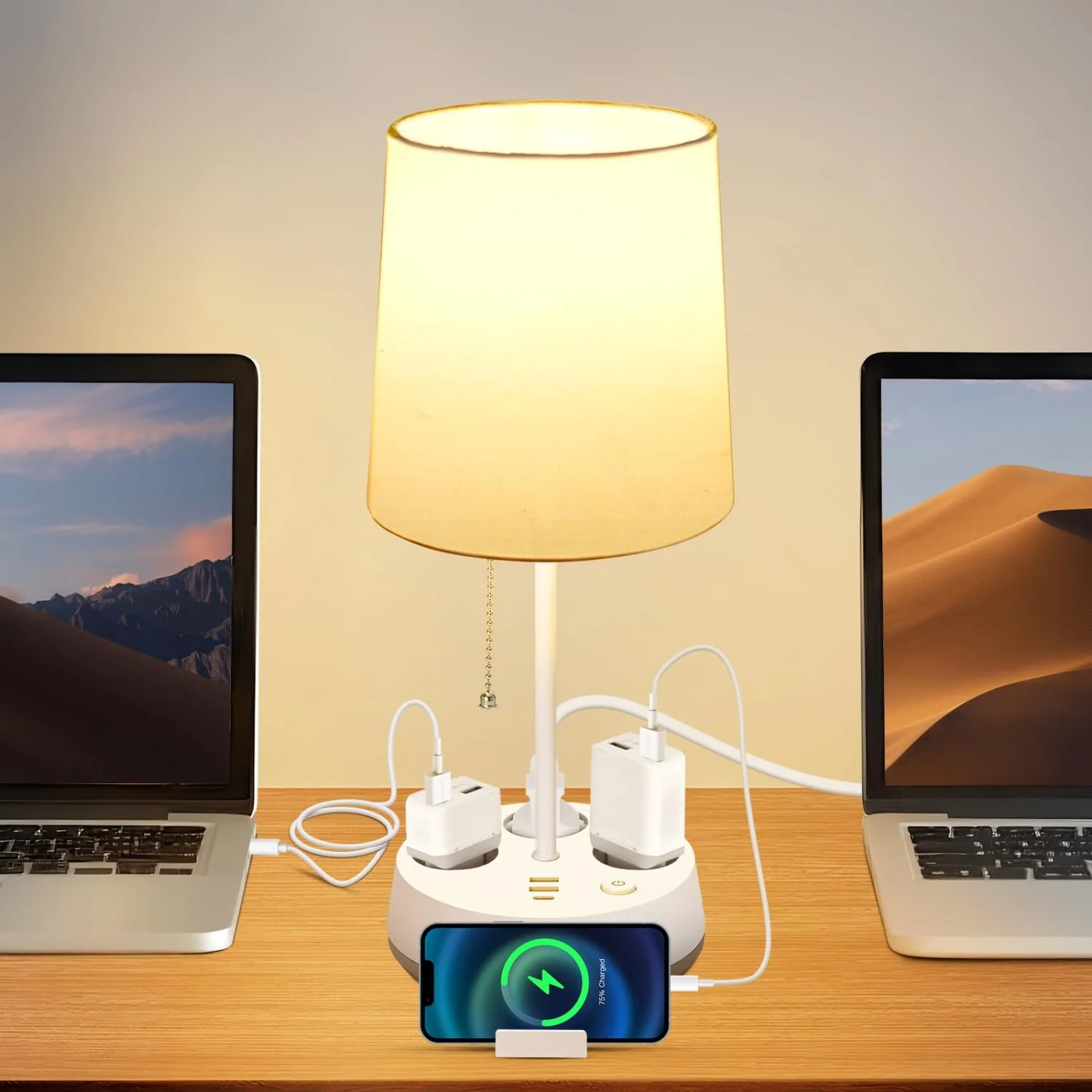 Настільна лампа Aigostar E27 з розетками та портами USB і Type-C Біла, фото №1
