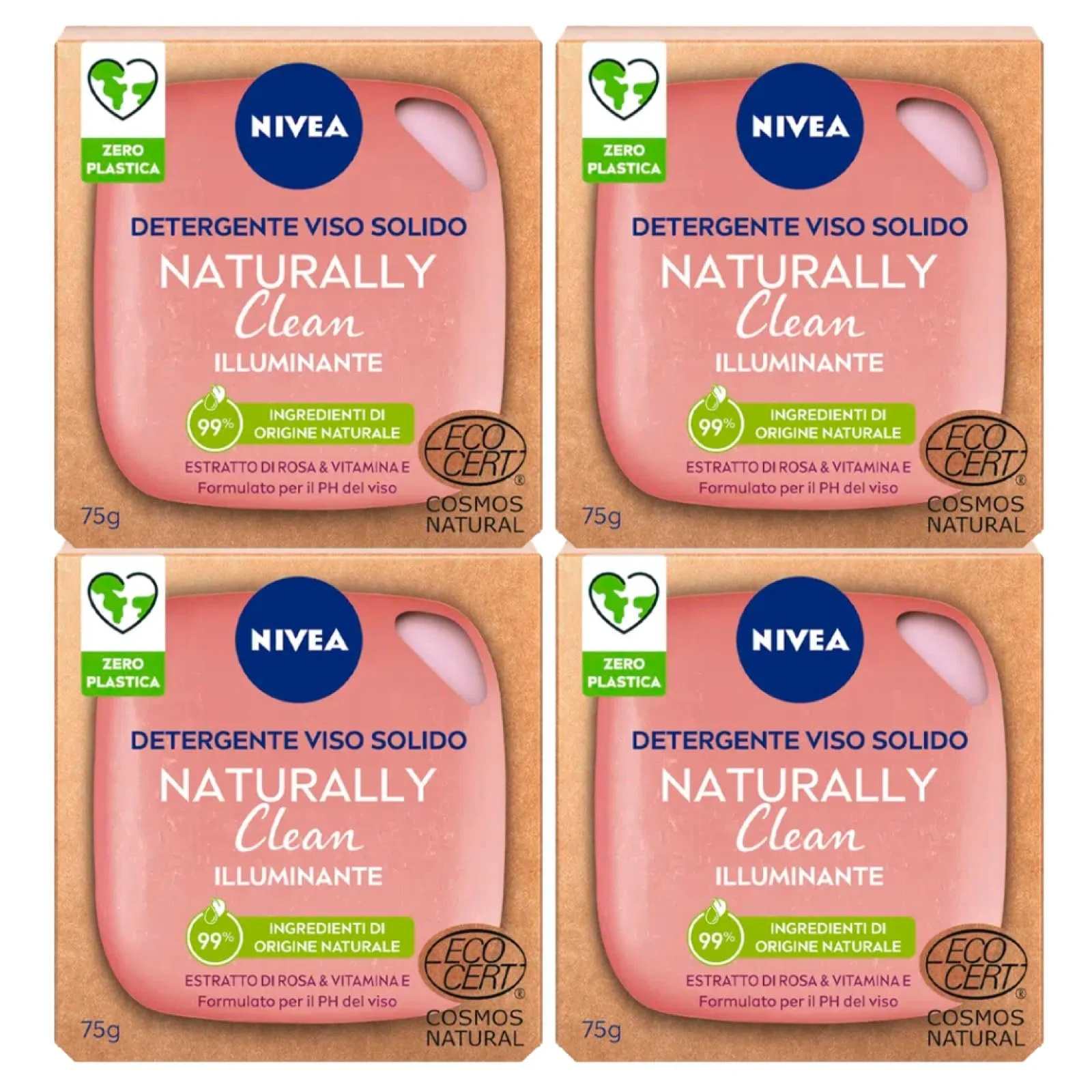 Твердий Засіб для Вмивання Nivea Naturally Clean з Екстрактом Троянди та Вітамінами, Веганська Формула, 4 x 75 г, фото №1