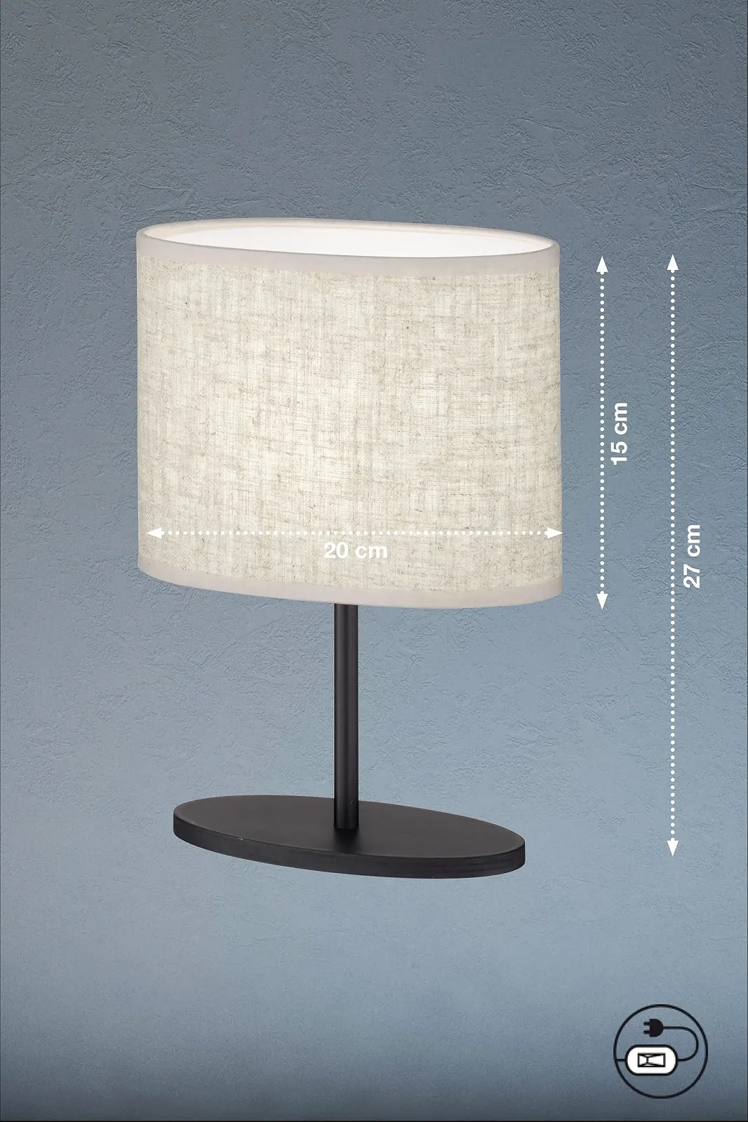 Настільна лампа Fischer & Honsel Modena пісочний чорний матовий, тканинний плафон пісочний льон, 20х10х27х14 см, з вимикачем на шнурі, 1x E14 макс. 25 Вт, фото №2