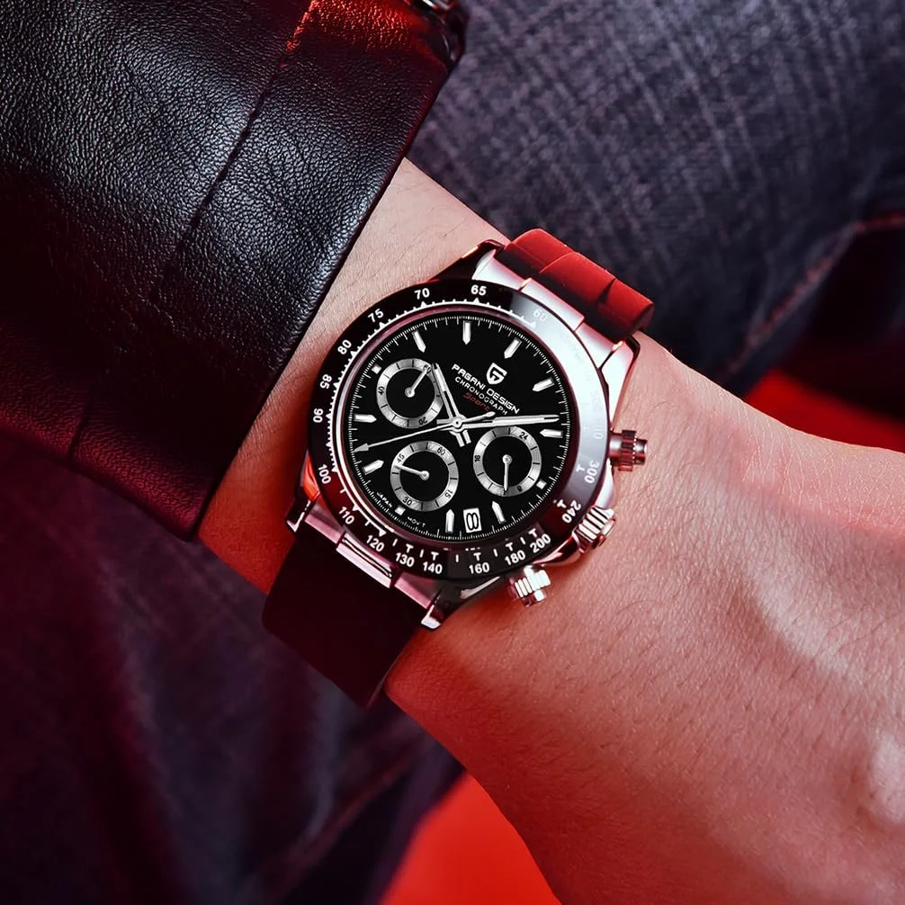 Мужские часы Pagani Design VK63 Daytona Chronograph Homage Кварцевые часы Керамический безель Нержавеющая сталь Спортивный резиновый ремешок Водонепроницаемые, фото №2