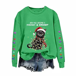 Рождественский джемпер Unilarinna Hope Your Christmas is Meowy and Bright, женский, повседневный, с принтом кота, с длинными рукавами - Фото 1