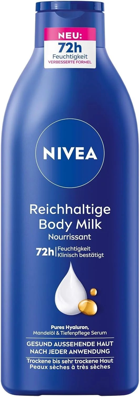 Молочко для тела NIVEA Rich, Интенсивно питательный крем для тела с чистой гиалуроновой кислотой, миндальным маслом и сывороткой Deep Care, 400 мл, фото №1