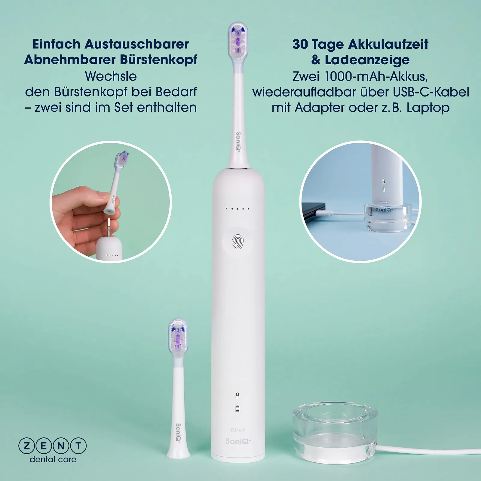 Электрическая звуковая зубная щетка ZENT SoniQ+ 2-в-1 60° Rotation 5 режимов IPX7 White, фото №6