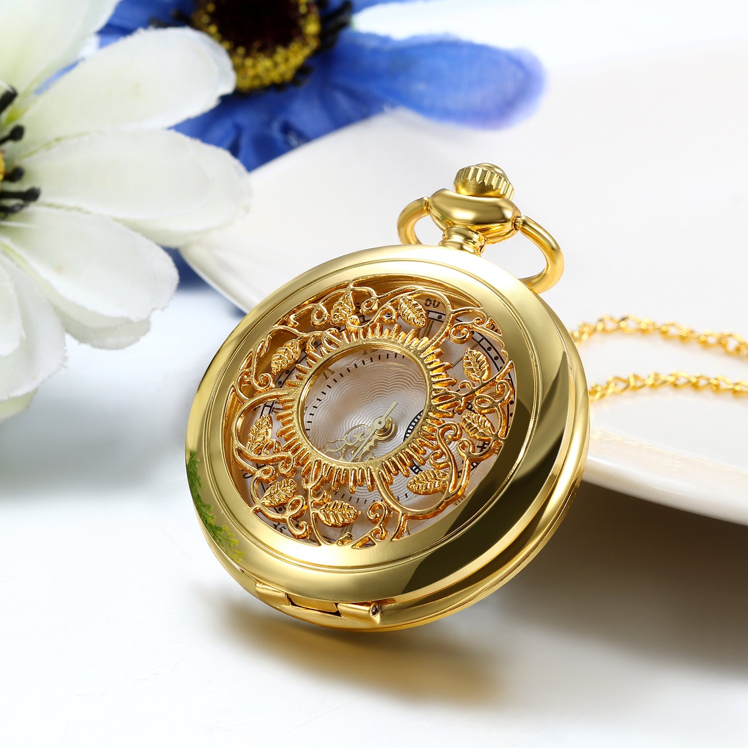 Карманные часы JewelryWe подарок на День отца Analogue Quartz Мужские ретро Королевская флеш / Компас / Цветы / Колокол / Мотоцикл с подвеской цепочки бронзовый подарок для мужчин, фото №3