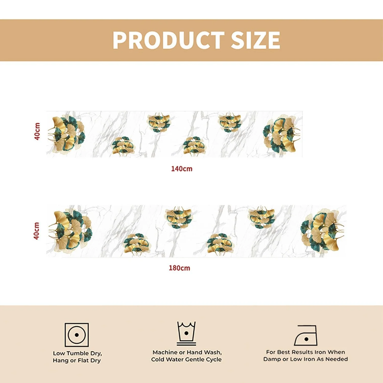 Ранер Modern Winter Green Leaves Linen Look Gold Ginkgo Biloba Marble Texture Зелена 40 x 140 см, фото №7