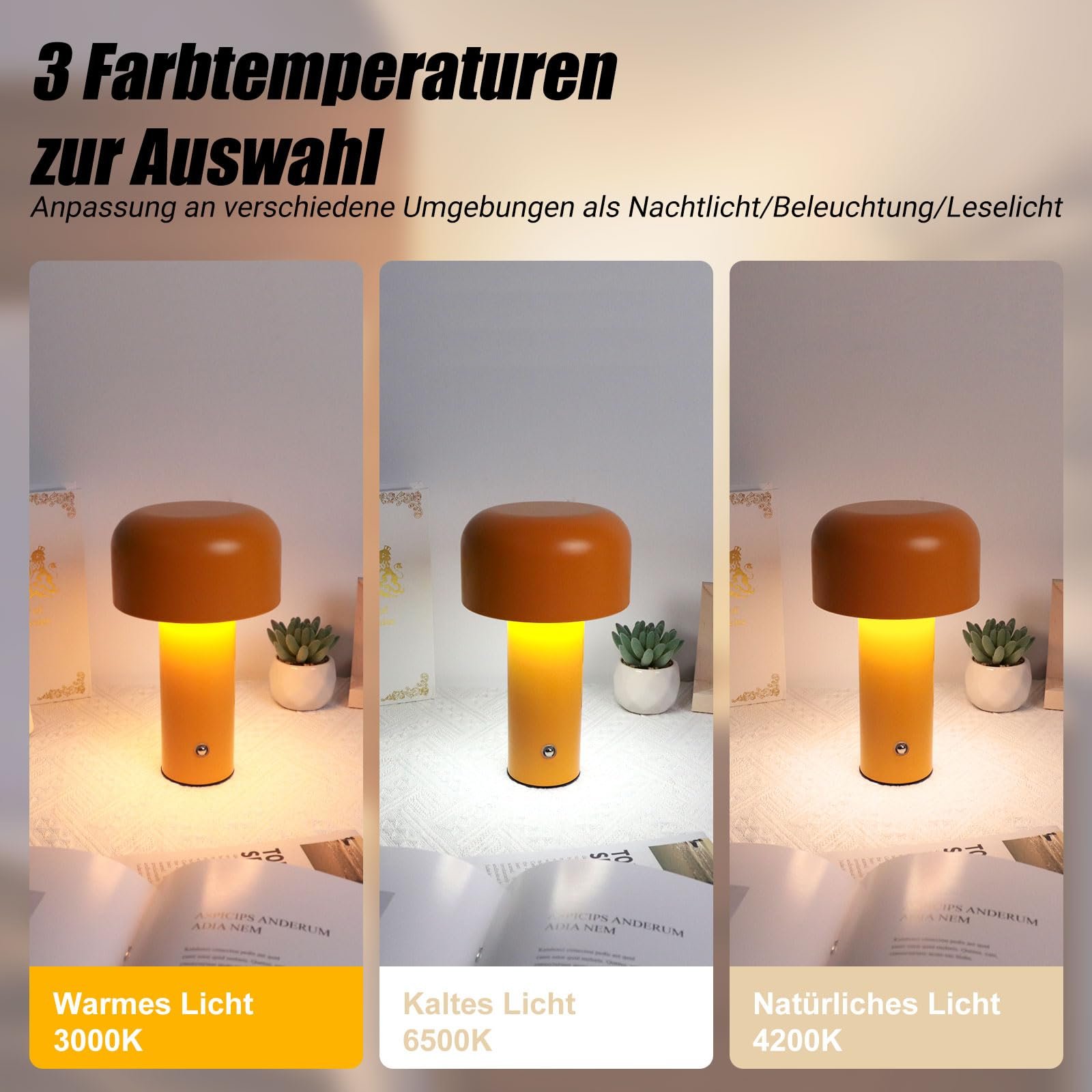 Настільна лампа EXTRASTAR LED Форма гриба Сенсорна 3 колірні температури USB-C Бездротова (Жовта), фото №3