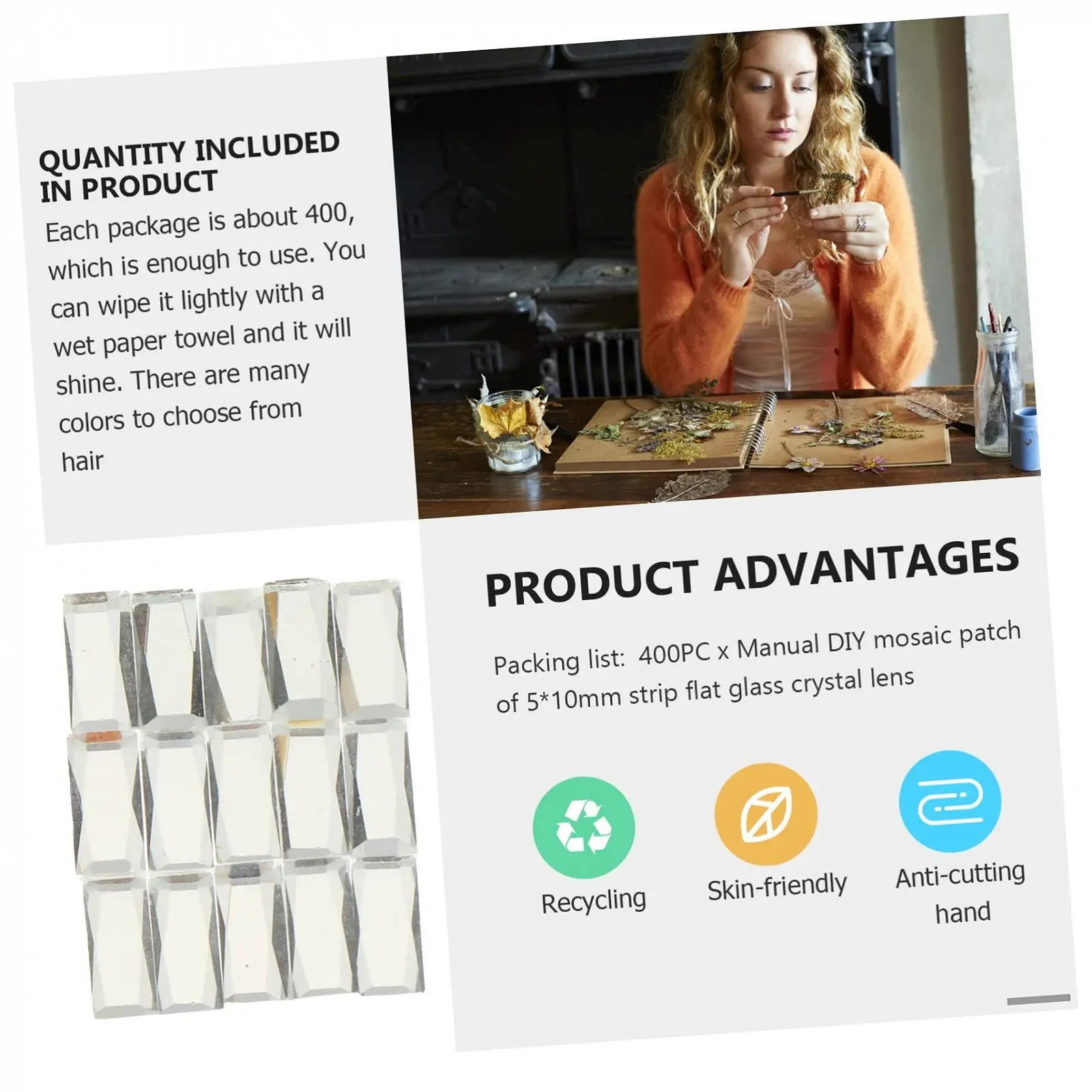 Плитка Мозаїчна STOBOK 800 шт, Смужка, Каміння, Міні, Скляна, Біла, фото №7