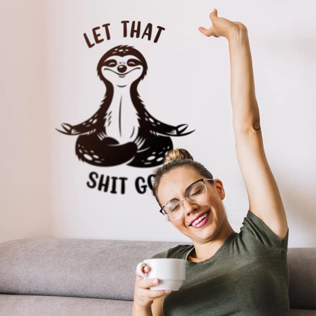 Наклейка на стіну Let That Sh*t Go Цитати Лінивець для медитації Матова, фото №5