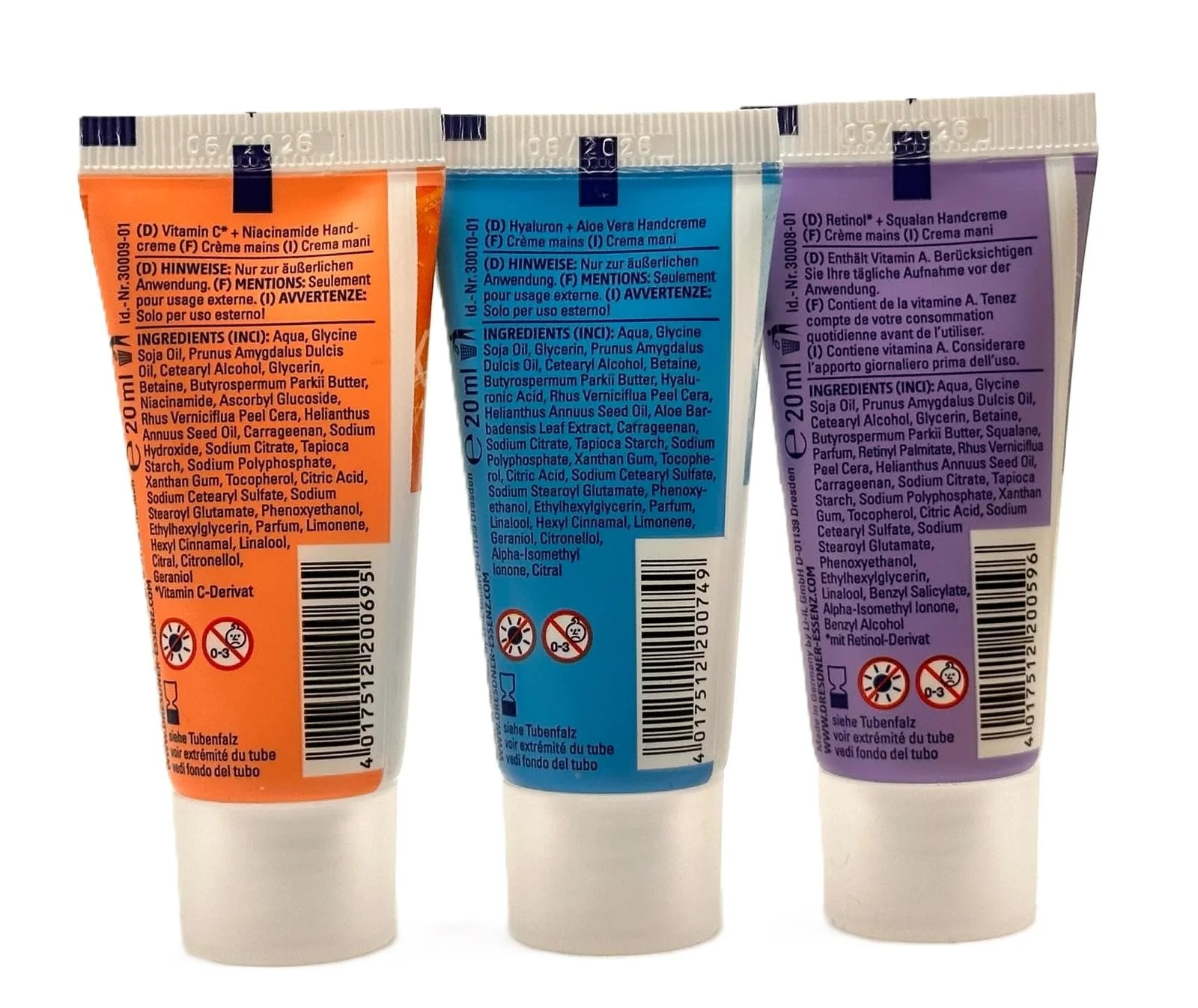 Крем для рук Dresdner Essenz Retinol + Витамин C с гиалуроновой кислотой и алоэ вера, 3 x 20 мл, набор из 3 шт., фото №2