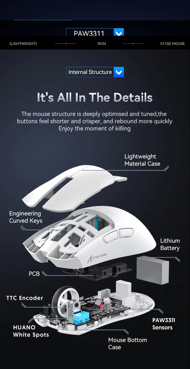 Мышь Attack Shark X11SE White 22000DPI PAM3311 Wireless Bluetooth, фото №14