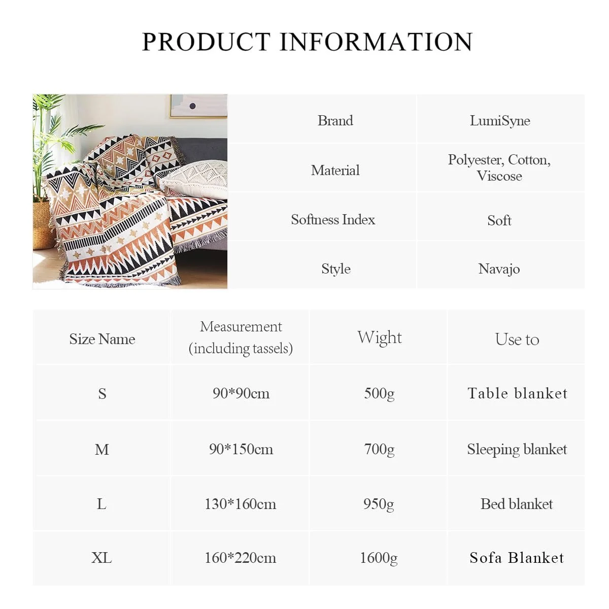 Покривало LumiSyne Aztec Navajo, бавовняне ткане покривало з китицями, фото №7