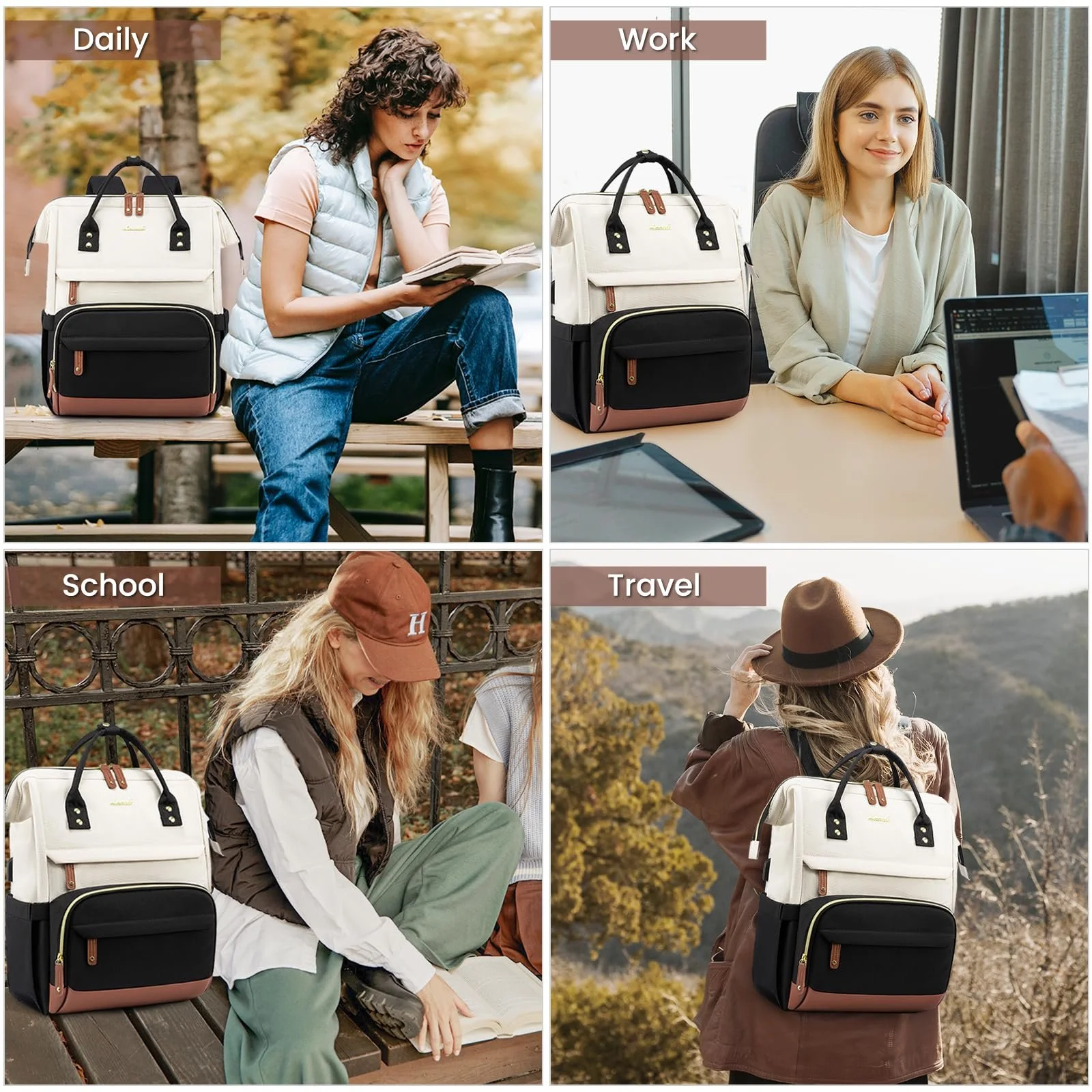 Рюкзак для ноутбука LOVEVOOK жіночий 15.6 дюйма шкільний водонепроникний Beige Black, фото №7
