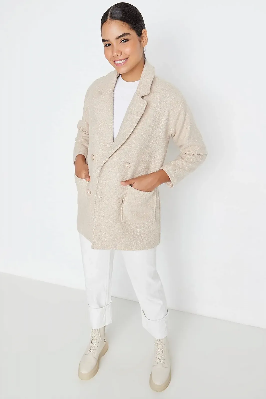 Пальто TRENDYOL Двубортное Однотонное, фото №3 Пальто TRENDYOL Двубортное Однотонное, фото №3