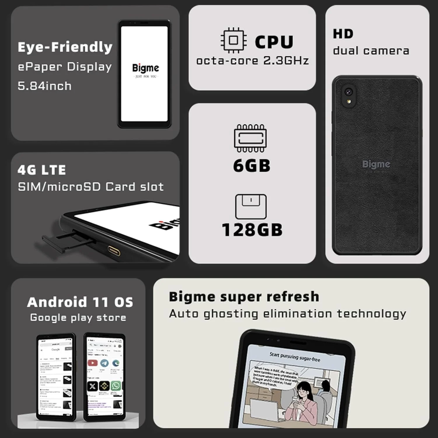 Електронна книга у форматі смартфона 5.84" Bigme HiBreak 6/128 ГБ 4G 1Sim Android 11 Wi-Fi Bluetooth  Кольоровий сенсорний E-Ink екран (1440 × 720) До декількох днів у режимі читання (залежить від використання 4G) Чорний, фото №2