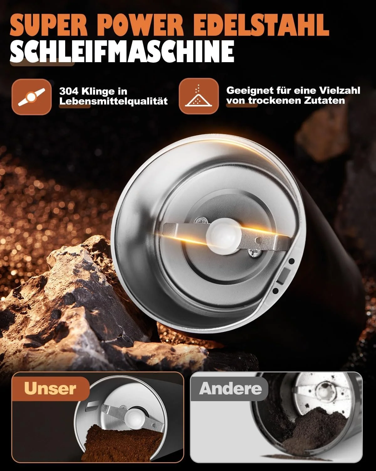 Електрична кавомолка 80 г, потужний двигун 350 Вт, однокнопковий дизайн безпеки, змінний помел, портативна електрична кавомолка з щіткою для чищення, нержавіюча сталь, фото №5