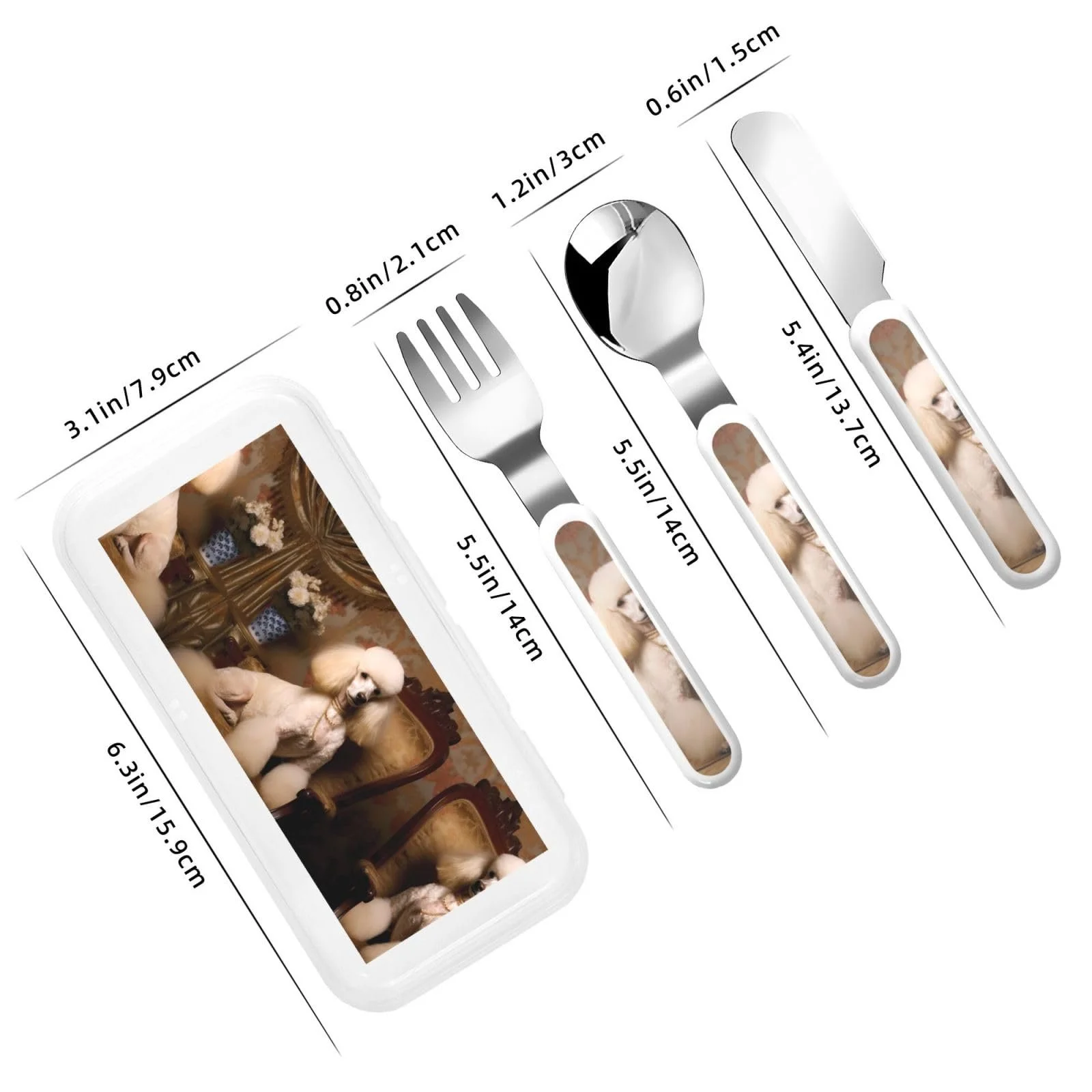 Дитячий набір столових приборів з принтом Пудель, три предмети, багаторазовий, фото №3 Дитячий набір столових приборів з принтом Пудель, три предмети, багаторазовий, фото №3