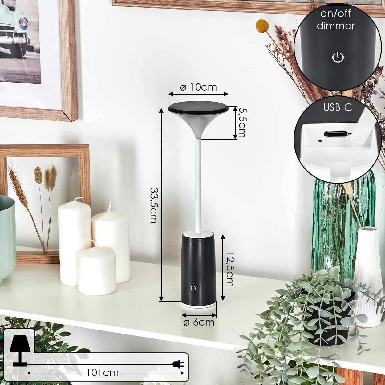 Настільна лампа HOFSTEIN Eryon LED 1,2 Вт 120 Люмен 3000 Кельвін акумуляторна чорно-біла, фото №5