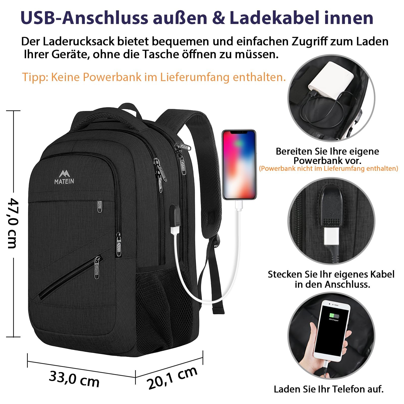 Рюкзак для ноутбука MATEIN 17" USB TSA Водостійкий Чорний, фото №3 Рюкзак для ноутбука MATEIN 17" USB TSA Водостійкий Чорний, фото №3
