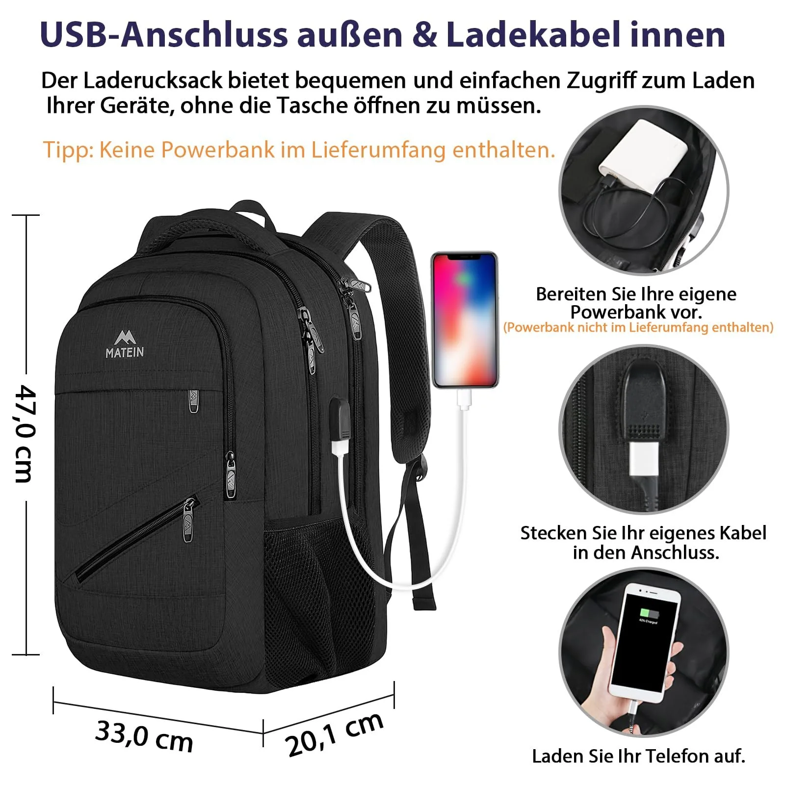 Рюкзак для ноутбука MATEIN 17" USB TSA Водостійкий Чорний, фото №3 Рюкзак для ноутбука MATEIN 17" USB TSA Водостійкий Чорний, фото №3