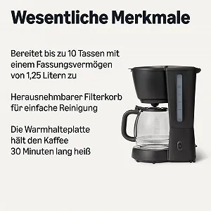 Капельная кофеварка Amazon Basics 1.25 л 10 чашек 1000 Вт Черный synthetic.ua - Фото 1