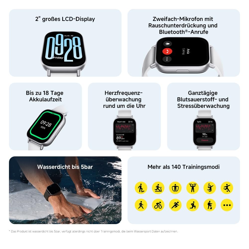 Смарт-годинник Xiaomi Redmi Watch 5 Active, 2.0" LCD дисплей, 140+ спортивних режимів, відстеження серцевого ритму та SPO₂, водонепроникність 5ATM, Bluetooth-дзвінки, відстеження сну, фото №2