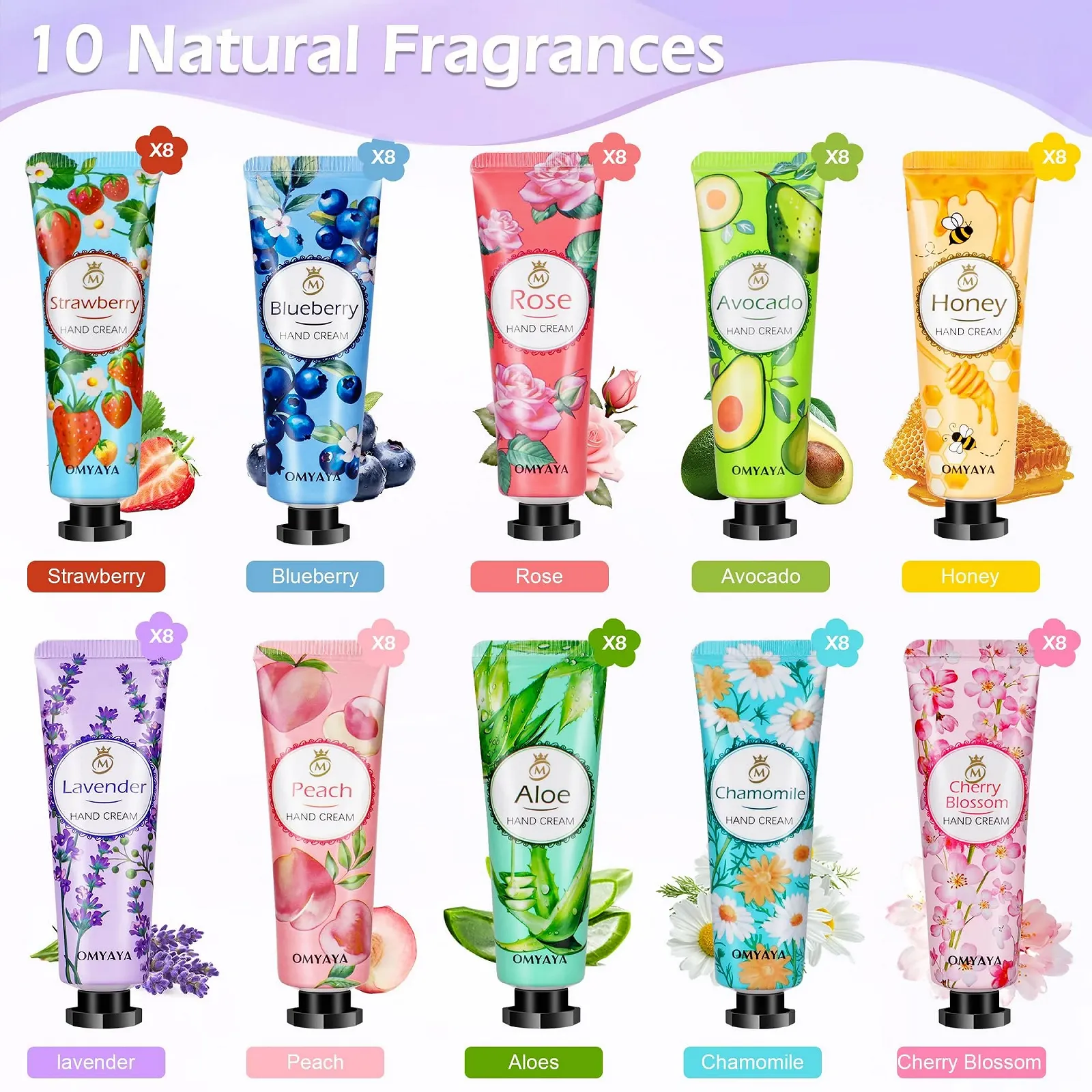 Набір кремів для рук Mini, 80 шт. Авокадо, алое вера, персик, полуниця, чорниця, мед, троянда, грейпфрут, лаванда, ромашка, фото №5