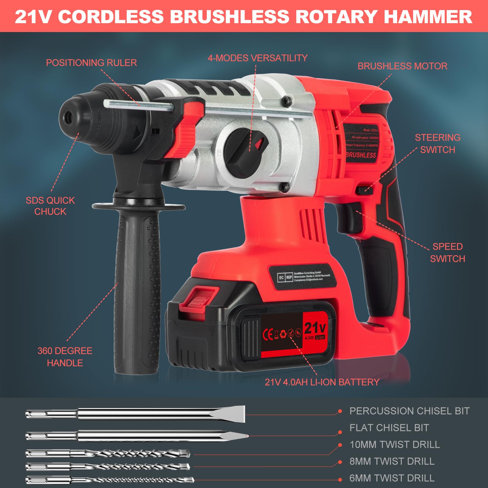 Электродрель SDS-plus Brushless 2 x 4000 mAh 3 Сверла 2 Долота 4-в-1, фото №7