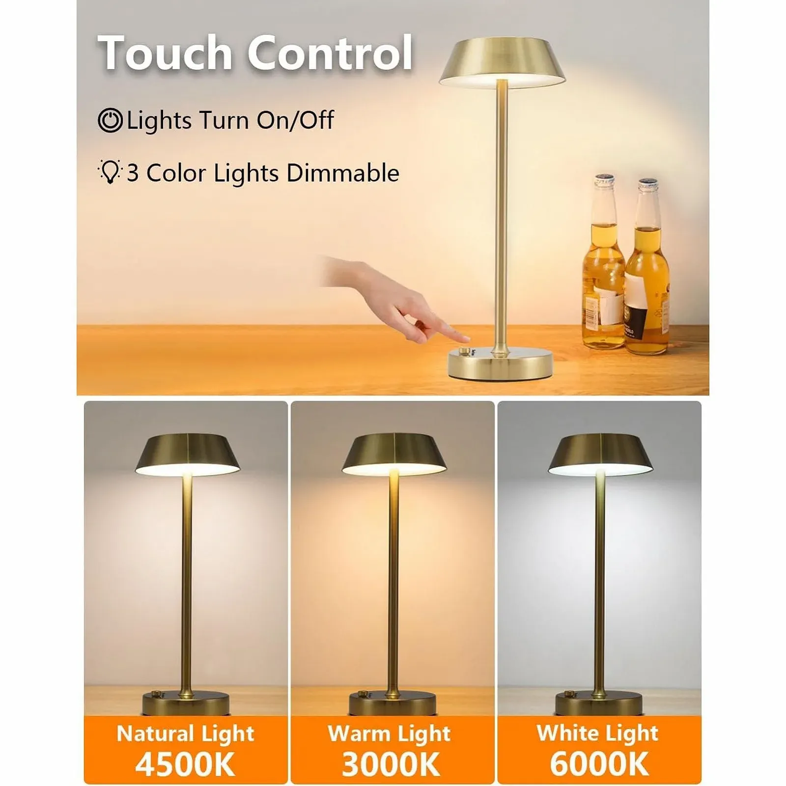 Настільна лампа Cordless LED 2000 мАг акумуляторна вінтажна 3 температури сенсорна Gold, фото №3