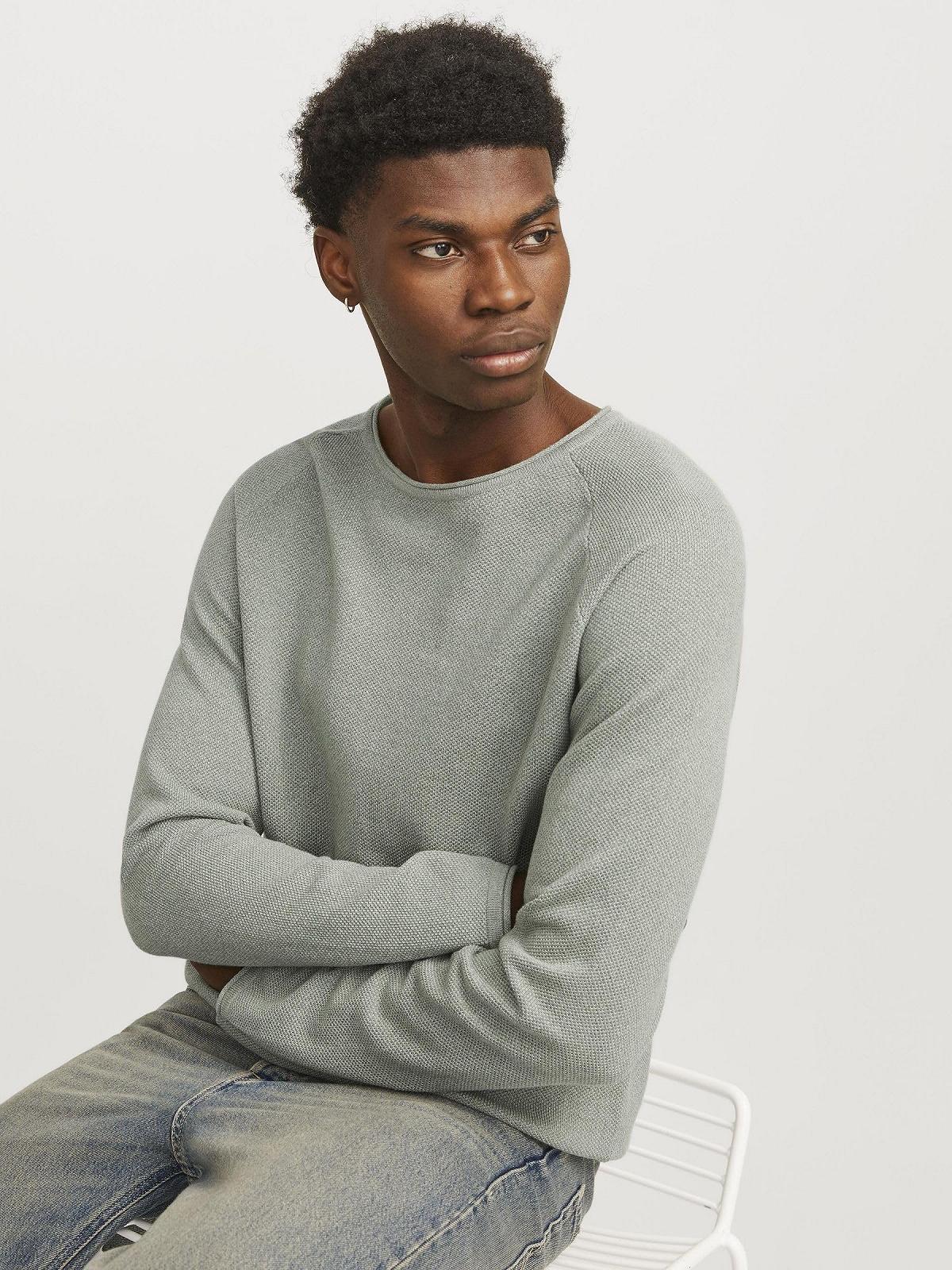 В'язаний пуловер JACK & JONES JJEHILL чоловічий, з круглим вирізом, однотонний, з довгими рукавами, бавовняна сорочка, фото №7