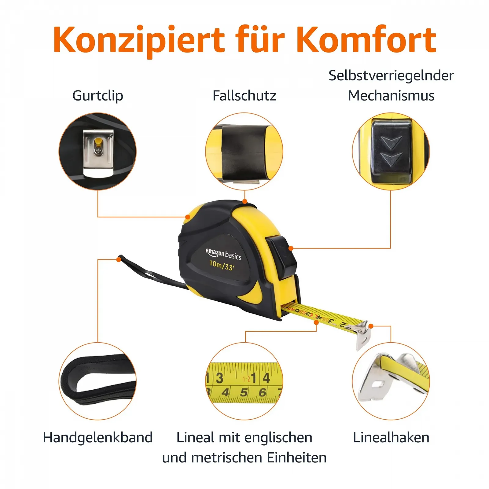 Рулетка Amazon Basics самозажимная (10 м) метрическая шкала MID точность черный желтый, фото №4