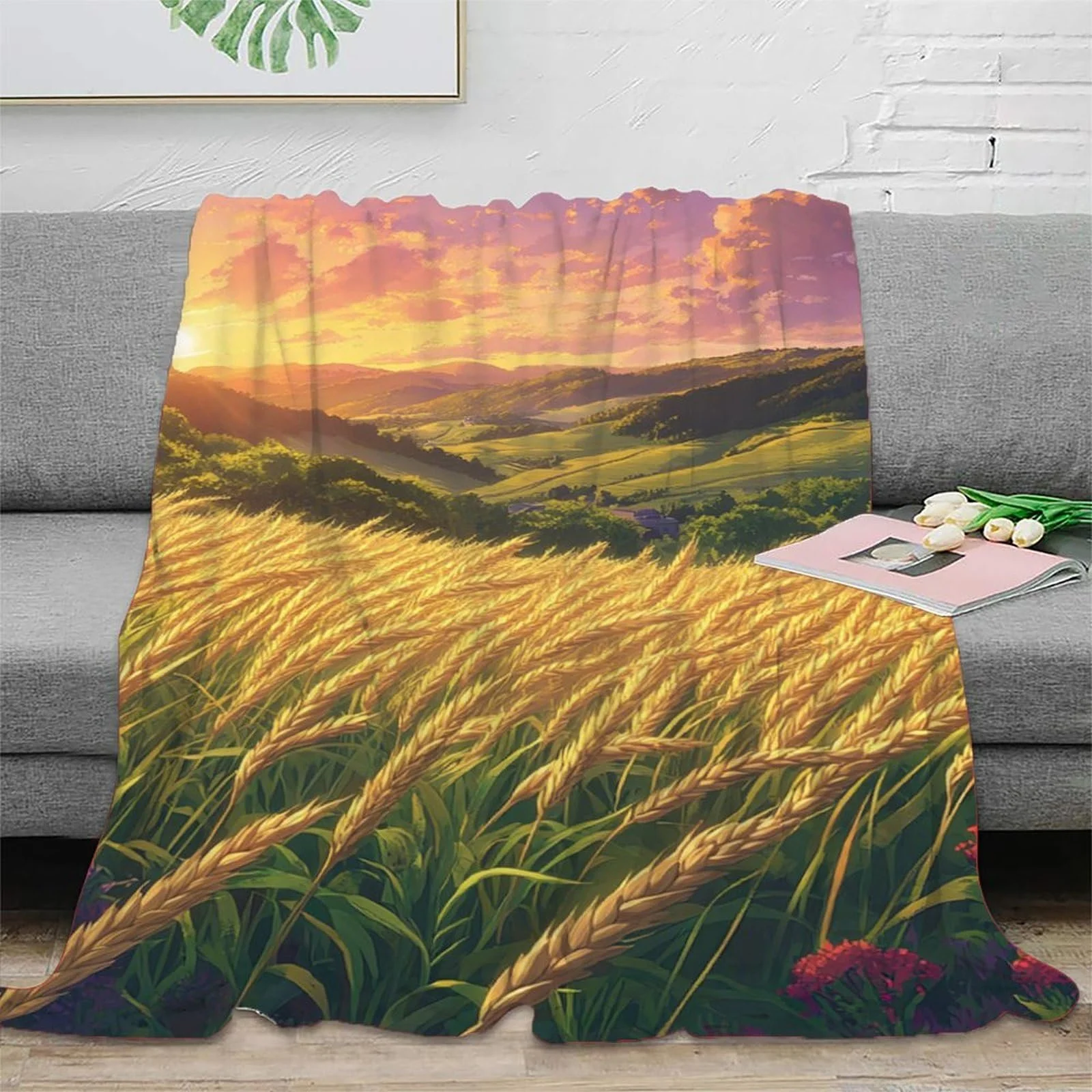 Покривало Мікрофібра Пшеничне поле на заході сонця Сталь 3D, фото №2