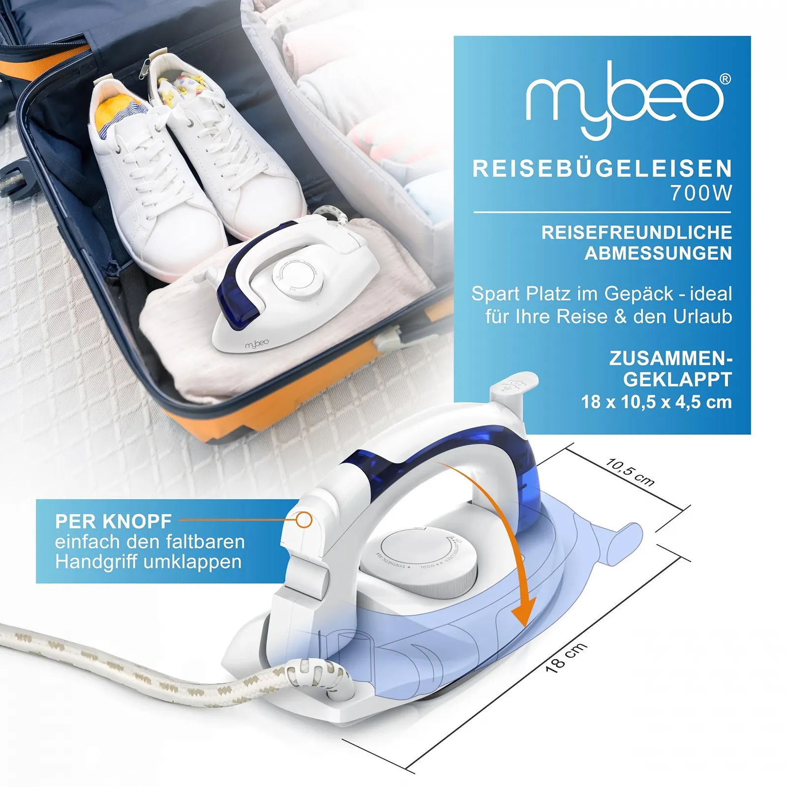 Дорожня парова праска MyBeo CSL-Computer Складана ручка Підошва з антипригарним покриттям 700 Вт, фото №5