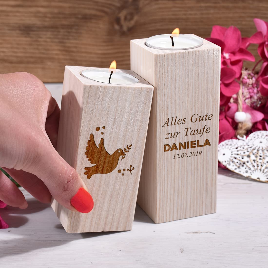 Набор Polar-effekt Деревянные подсвечники Гравировка Голубь Мотив Имя, фото №5