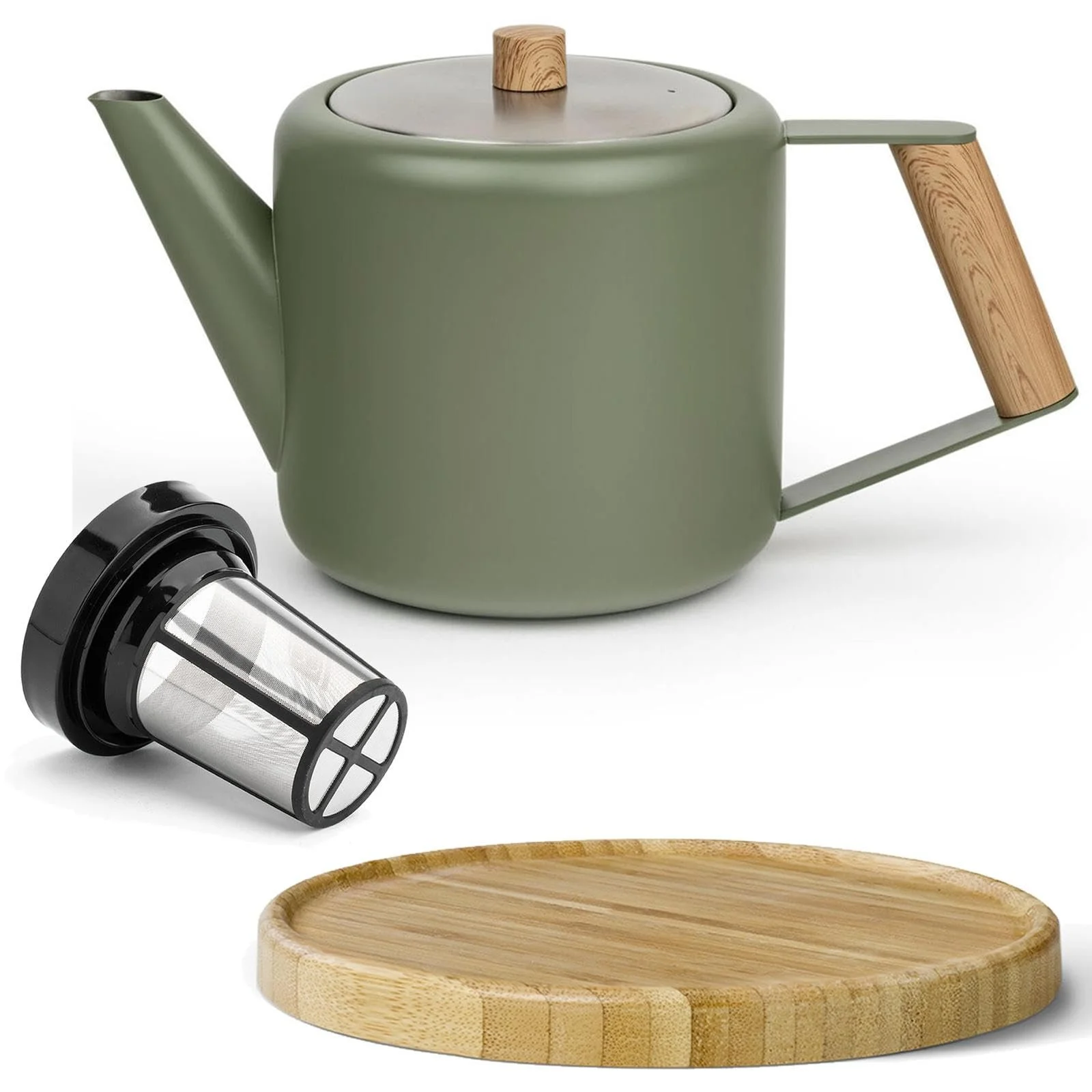 Чайник-заварник Bredemeijer Двостінний Зелений 1.1 літра Нержавіюча сталь з фільтром та коричневою дерев'яною підставкою, фото №1