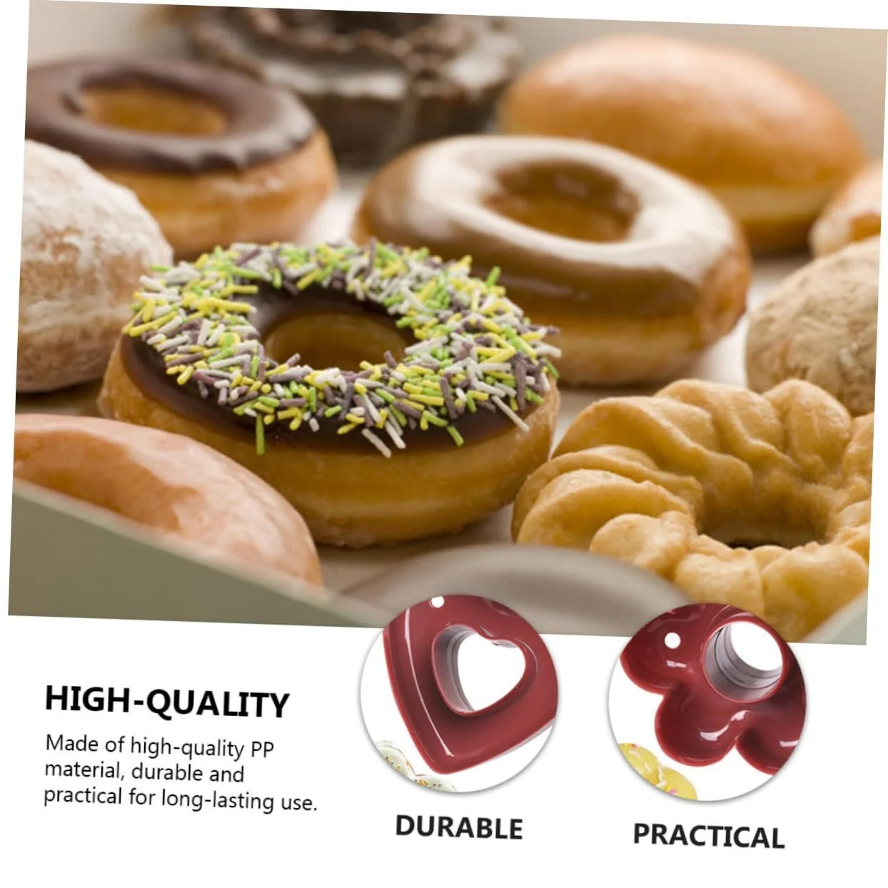 Формы для выпечки пончиков INOOMP Набор 3 шт Пластик без BPA Сердце Цветок и Круг, фото №7