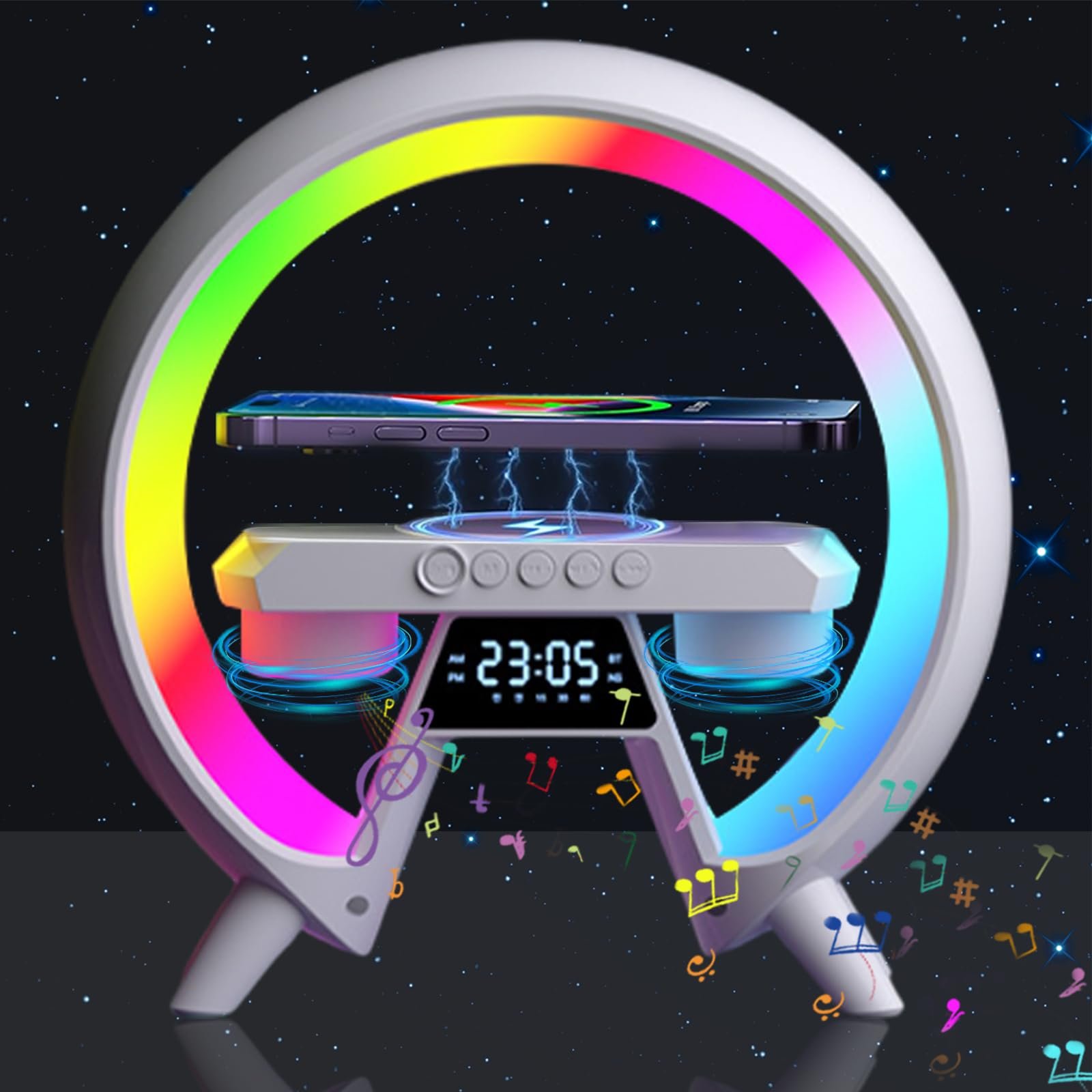 Настільна лампа Runqin Atmosphere Lamp Wireless Charger Bluetooth Speaker Alarm Clock LED White, фото №1