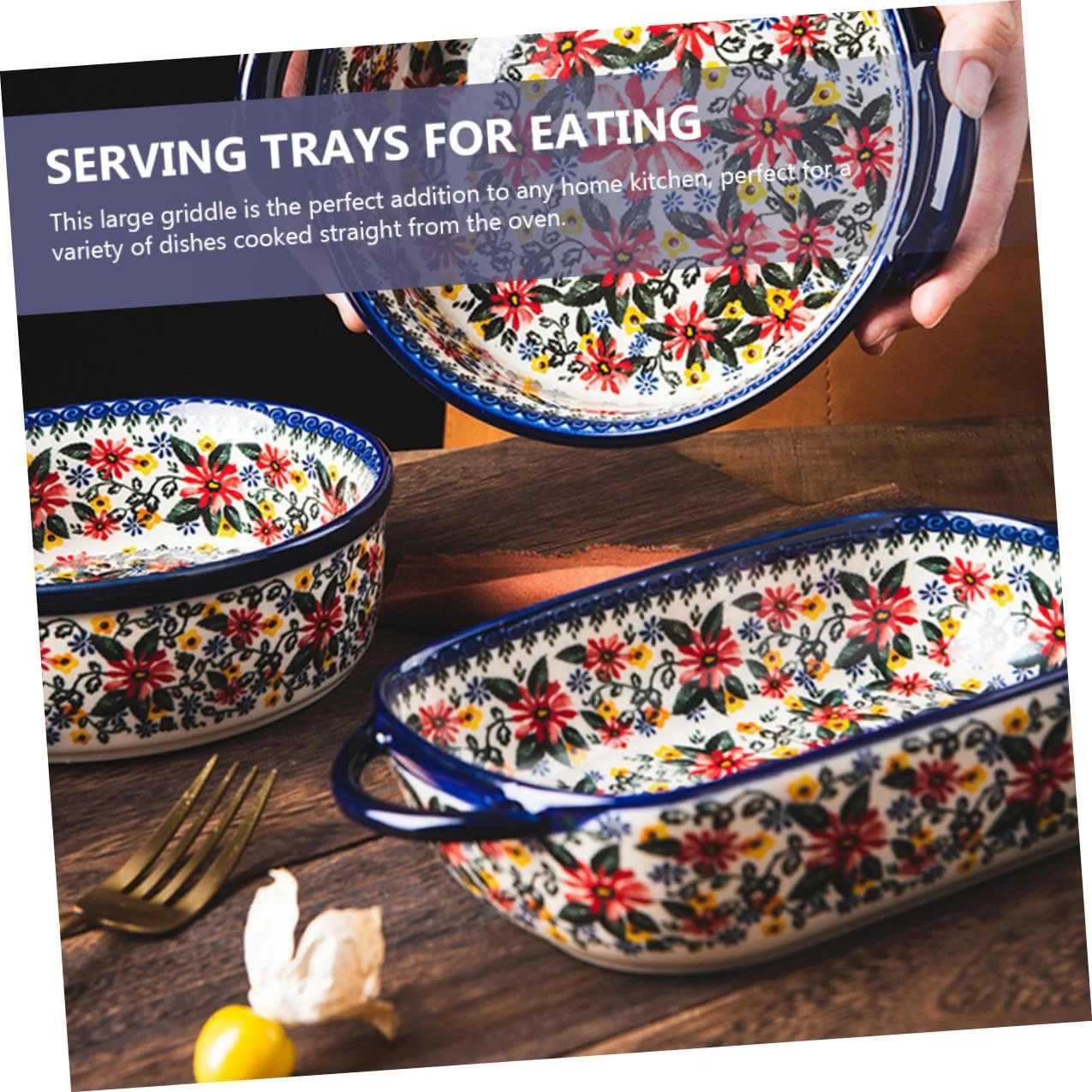 Форма для запекания керамическая прямоугольная с двойными ручками и цветочным узором, фото №3