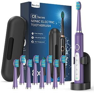 Зубная щетка COULAX Электрическая звуковая для взрослых, 5 режимов, IPX7, ультразвуковая, темно-фиолетовая, 8 насадок - Фото 1