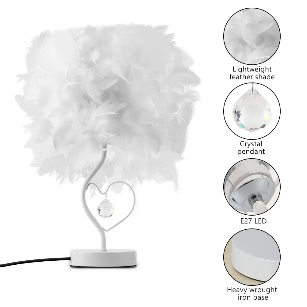 Настільна лампа E27 LED 3000-4000 K пір'яний плафон кришталева підвіска Біла, фото №5
