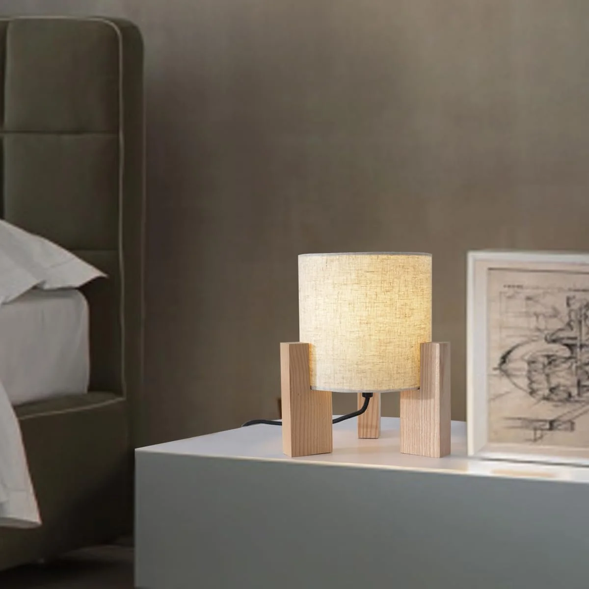 Настільна лампа Дерев'яна E27 Тканинний абажур 18 x 18 x 26 см Біла, фото №3