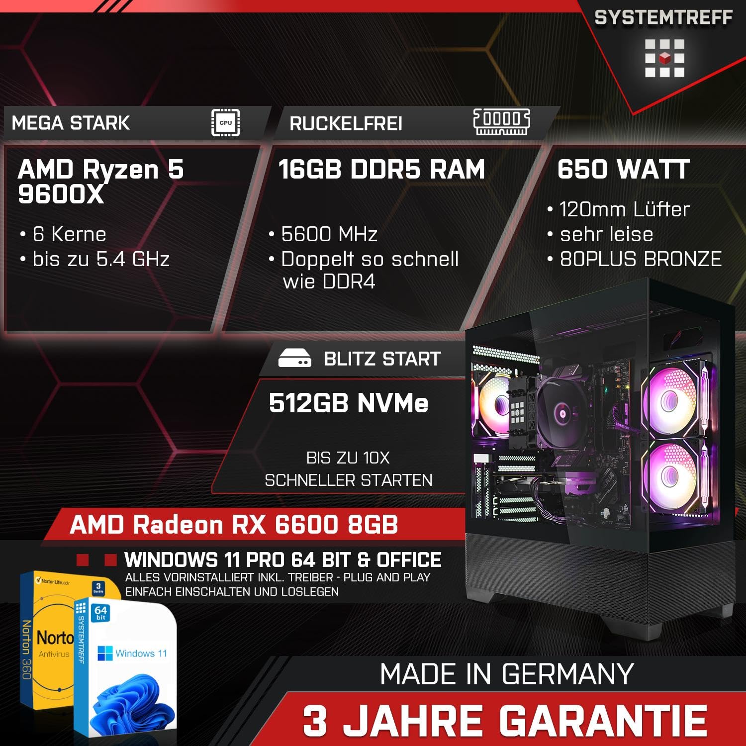 Комплект ПК SYSTEMTREFF Basic Gaming AMD Ryzen 5 9600X 6x5.4GHz AMD Radeon RX 6600 DX12 512GB M.2 NVMe 16GB DDR5 RAM з підтримкою WLAN, фото №2
