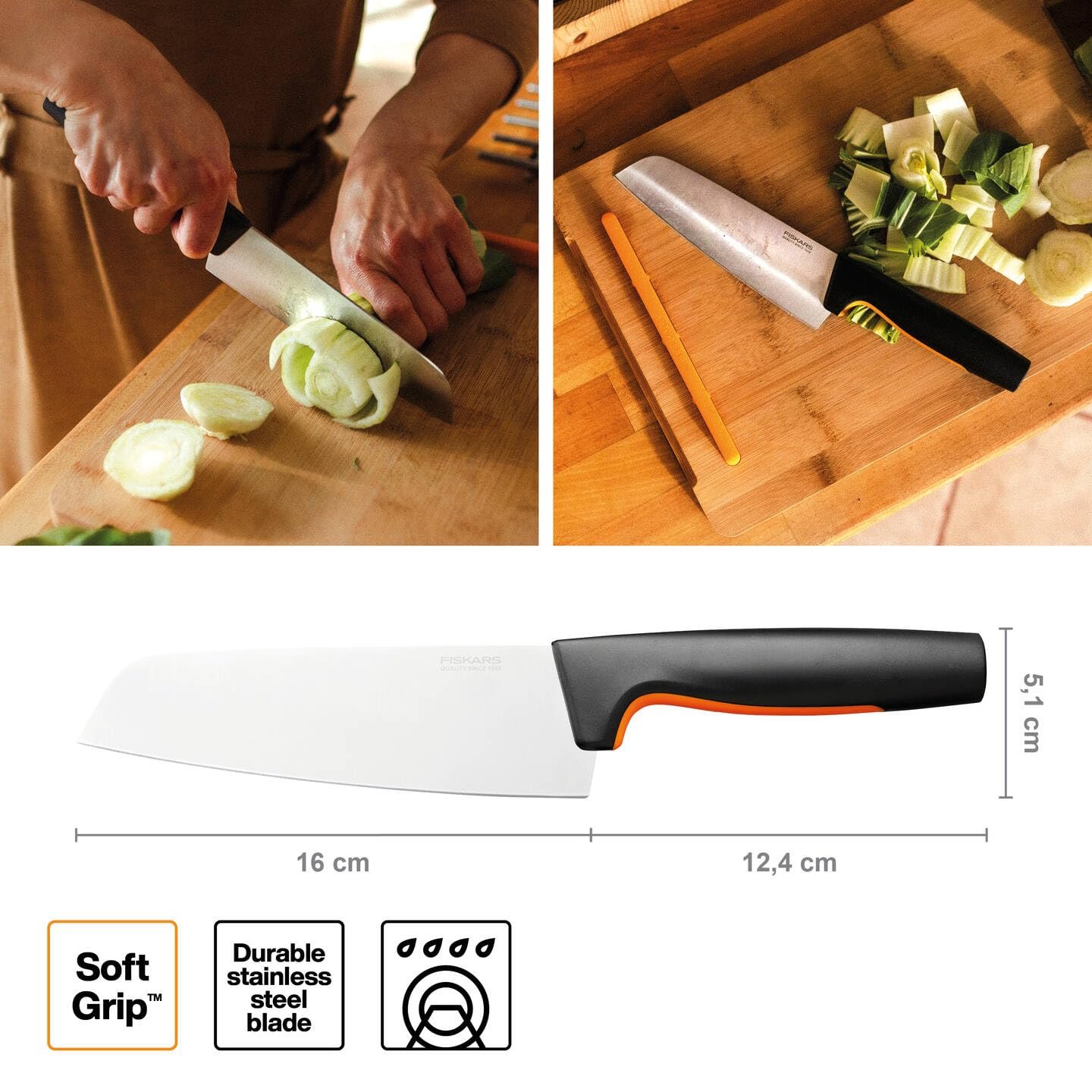 Набір ножів Fiskars Functional Form 5 од. Кухарський ніж, ніж для овочів, ніж для помідорів, ніж Santoku, ніж для хліба, японська нержавіюча сталь/пластик, чорний/помаранчевий, фото №4