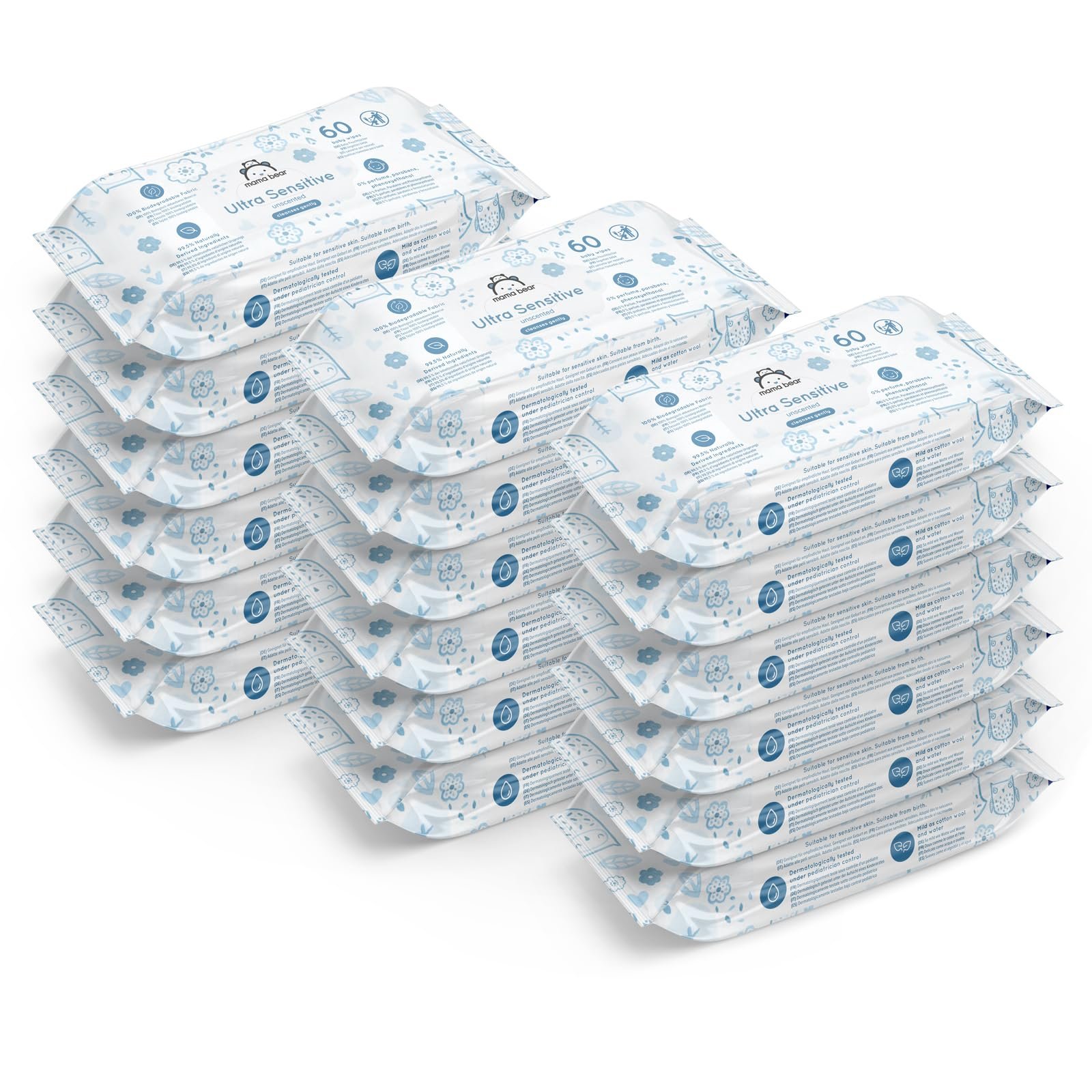 Серветки дитячі Mama Bear Ultra Sensitive без запаху 1008 шт (18 упаковок по 60 шт), фото №1
