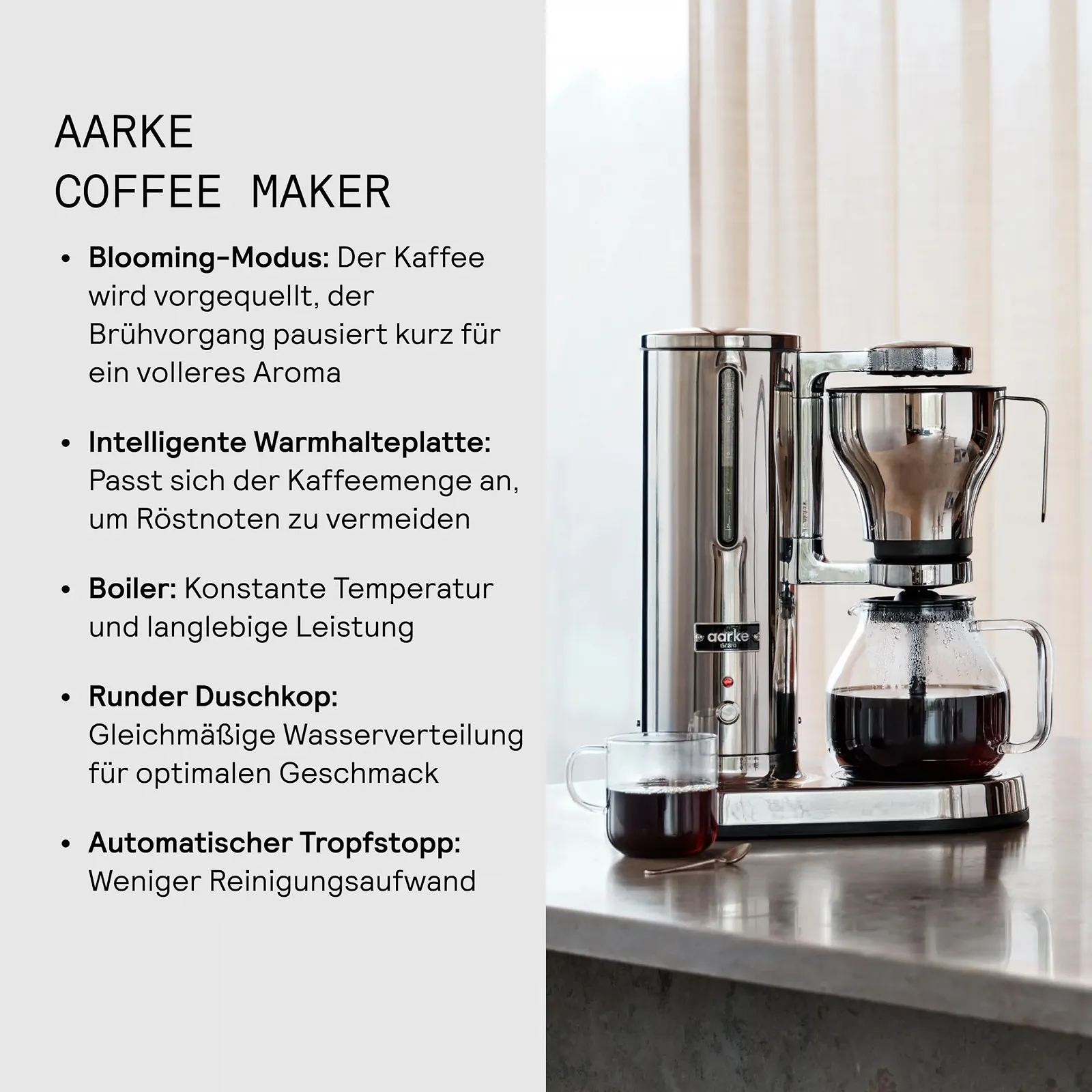 Капельная кофеварка aarke ECBC Certified Стеклянный графин 10 чашек 1,25 л Современный дизайн, фото №4