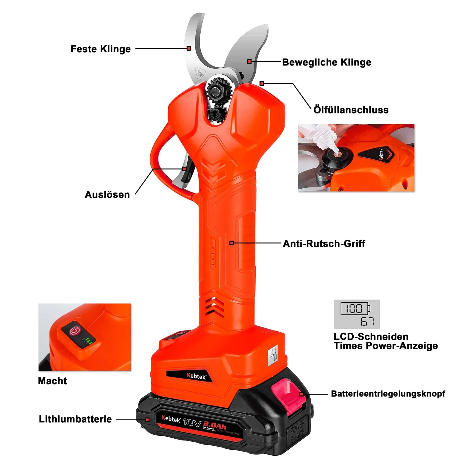 Електричний секатор Kebtek Professional 18V акумуляторний, різак для гілок з 2 літієвими батареями 2 Аг, безщітковий двигун, 32 мм, фото №8