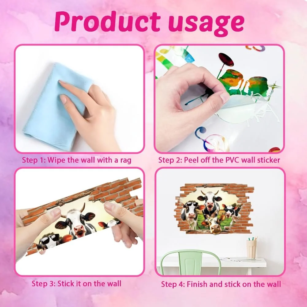 Наклейка на стіну SUPERDANT З розбитою стіною та коровами Мультяшна Самоклеюча Вінілова Водостійка 90 x 60 см, фото №6