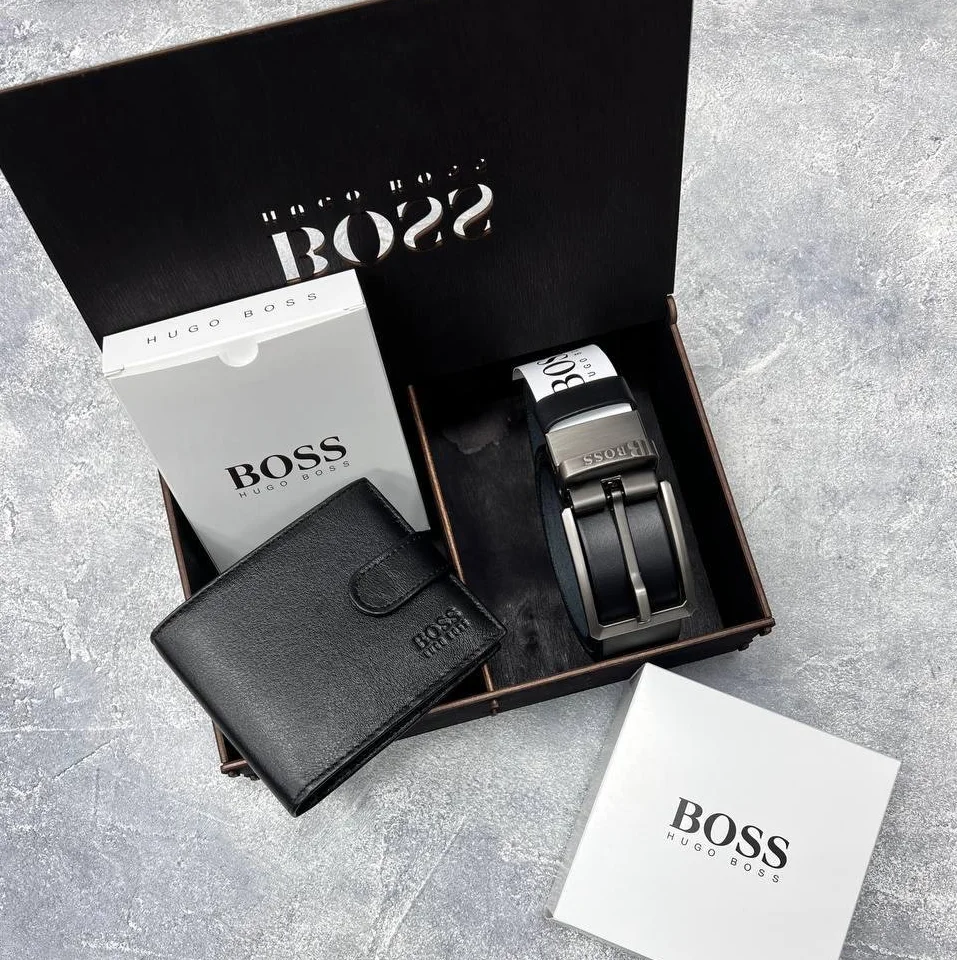 Оригінальний подарунок чоловікові шкіряний ремінь і гаманець BOSS, фото №1